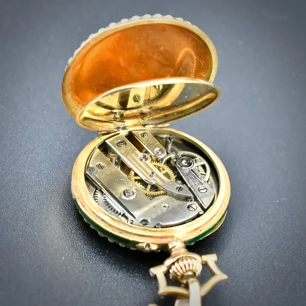Antique 14K Gold Swiss Enamel Pendant Pocket Watch Pearl Fleur-de-Lis Pin Repair